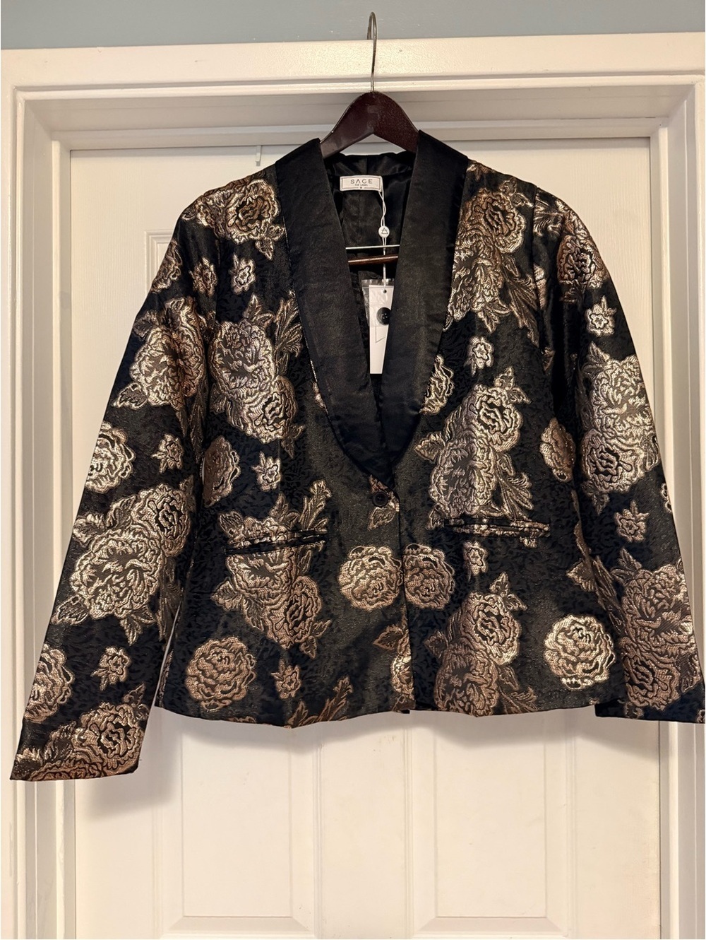 SAGE THE LABEL Hey Baby Metallic Floral Jacquard Blazer Gold Medium NWT